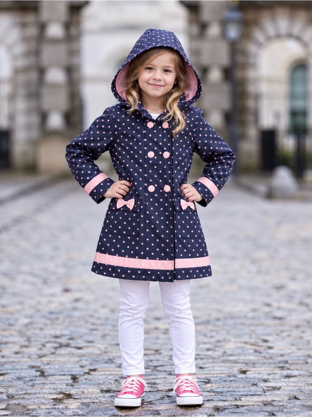 London Fog Girls Size 5 Navy Pink Polka Dot Fleece Lined Hooded Coat